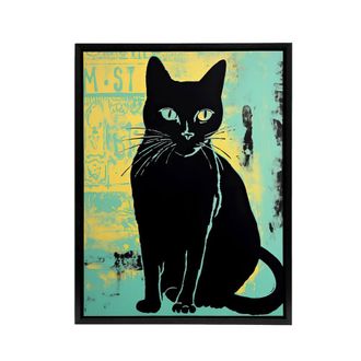 Artery8 Cat Vibrant Linocut Vintage Advert Style Framed Canvas Wall Art Print in Blue | Size: W24 x H32
