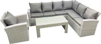 Fimous Rattan Garden Furniture Set 4 Pieces Outdoor Garden Sofa Oblong Coffee Table Set with Chair Light Grey Mixed - Fimous