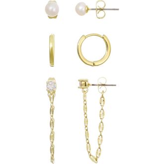 Adornia 14K Gold Plated Faux Pearl Stud, Huggie Hoop & Front/Back Earrings in Gold/White at Nordstrom Rack
