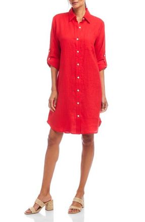 Karen Kane Long Sleeve Linen Shirtdress in Red at Nordstrom, Size X-Large P
