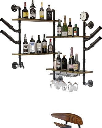 OEM Botellero De Pared, Estantes Flotantes Con Soporte De Cristal, Estilo Industrial Vintage, Marr&oacute;n R&uacute;stico, Mediano, 4 Niveles