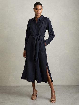 Reiss Navy Long-sleeve Belted Midi Dress, 4