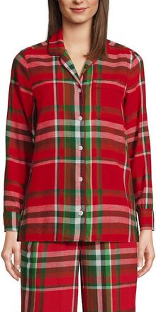 Lands End Long Sleeve Print Flannel Pajama Top in Compass Red/emerald Plaid at Nordstrom, Size Small