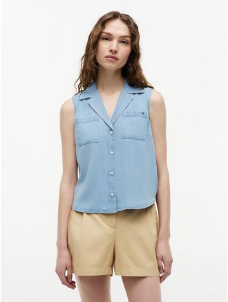 Tommy Hilfiger Womens Sleeveless Chambray Shirt - Chambray - M