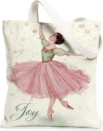 Generic Winter Ballet Canvas Tote Bags, Joyful Dance Floral Pattern Reusable Shopping Bags, Vintage Lightweight Washable Shoulder S, Peach, 13x15 Inch