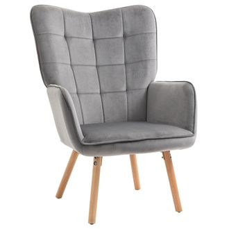 HOMCOM Modern Accent Chair Velvet-Touch Tufted Wingback Armchair Upholstered Leisure Lounge Sofa Club Chair with Wood Legs - Grey Armchair - Home Living | T