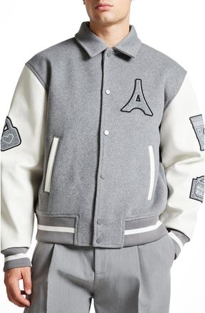 Mani&egrave;re De Voir Oscar Mona Lisa Wool Blend Varsity Jacket in Grey at Nordstrom, Size Xx-Large