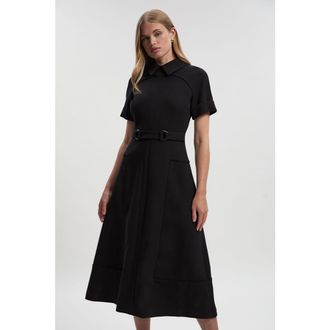 Karen Millen Stretch Tab Detail Full Midi Dress in Black at Nordstrom, Size 2
