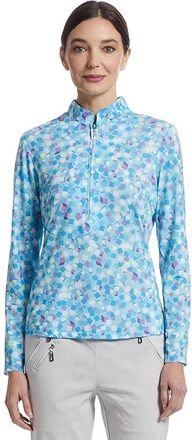 Jamie Sadock Sunsense Cubo Print Long Sleeve 1/4 Zip Sun Protection Top Womens Workout Light Blue : SM, Polyester/Spandex
