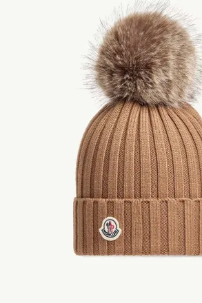 Moncler L20933B00039A9327238 Wool-Blend with Pompom Beanie - Camel