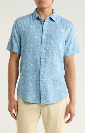 Nordstrom Leaf Short Sleeve Linen Blend Button-Up Shirt in Blue Linework Leaves at Nordstrom Rack, Size Xx-Large