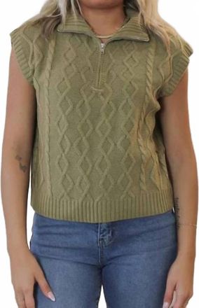 Le Lis Blanc Deux Half Zip Sleeveless Cable Sweater Top In Olive