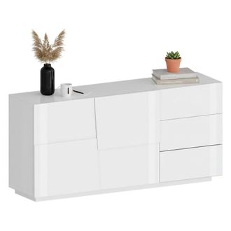 Dmora Aparador Xavier, Buffet De Sal&oacute;n, Aparador De Sal&oacute;n Con 2 Puertas Y 3 Cajones, 180x44h86 Cm, Blanco Brillo, Con Embalaje Reforzado - Dmora