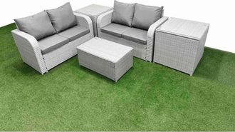 Fimous 4 Seater Outdoor Love Sofa Set Rattan Garden Furniture Set with Rectangular Coffee Table 2 Side Tables Light Grey - Fimous