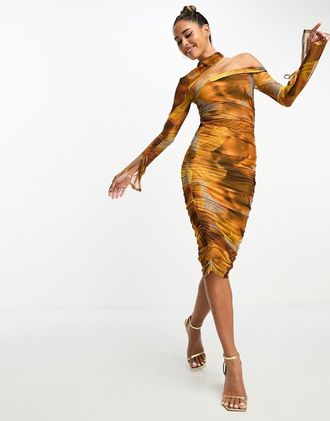 Asos Vestito midi in rete monospalla asimmetrico arricciato con stampa a macchie-Multicolore
