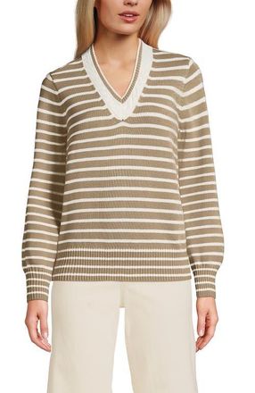 Lands End Drifter Set in Sleeve Vneck Sweater in Champagne/ivory Mini Stripe at Nordstrom, Size X-Large P