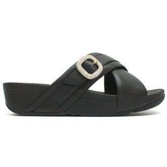 FitFlop Lulu Crystal Buckle Cross Slides Leather Womens Slip On Sandals - Black - Size:UK 6.5