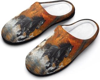 Generic Horses Running in Autumn Scenery Slippers Men Winter Warm Cotton Anti-Slip Indoor Slip-Ons House Shoes