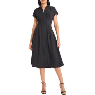 Maggy London Cap Sleeve Pleated Waist Fit & Flare Midi Dress in Black at Nordstrom Rack, Size 2