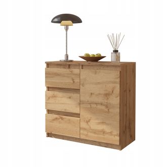 OEM C&oacute;moda Wotan De Roble, De 80 Cm De Altura, Con 3 Cajones, 1 Puerta Y 1 Estante