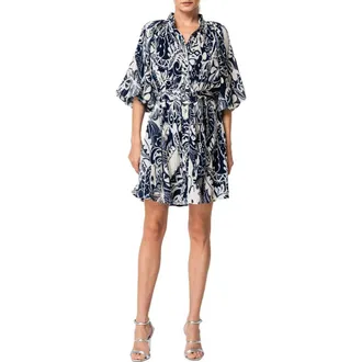 Ciebon Anison Balloon Sleeve Pliss&eacute; Chiffon Shirtdress in Navy Multi at Nordstrom Rack, Size Medium