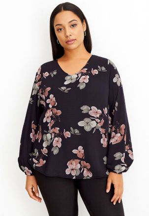 Only Carmakoma Blusenshirt ONLY CARMAKOMA CARVICA LIFE L/S V-NECK TOP WVN NOOS, Damen, Gr. 46, schwarz aop:noos autumn blooming, Web, Obermaterial: 97% Polyester, 3%