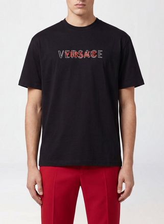 Versace T-shirt in cotone a girocollo con logo a contrasto sul davanti