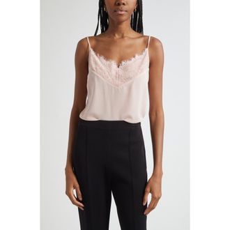 St. John Lace Trim Silk Crepe Camisole in Rose Quartz at Nordstrom, Size X-Large