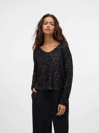 Vero Moda Strickpullover VERO MODA VMLEILANI NEW LS V-NECK PULLOVER REP, Damen, Gr. L, schwarz detail:with silber sequins, Strick, Obermaterial: 68% Polyester, 