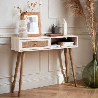 Sweeek 100cm Wood & Cane Decor Console Table in White