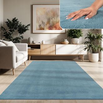 Paco Home Paco Home - Alfombra Moderna Para Sal&oacute;n A Pelo Corto Lavable Suave Uni Efecto Piel Antideslizante Turquesa, 200x280 Cm