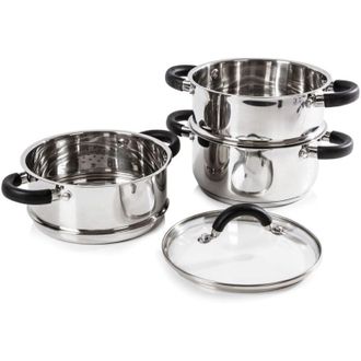 Tower T80836 Essentials Vaporiera Pentola Induzione per Cottura Vapore a 3 Ripiani con Coperchio in Vetro, in Acciaio Inox con Manici in Silicone, 18 cm