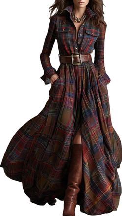Generic Womens Long Sleeve Button Front Plaid Maxi Dresses, Plaid Maxi Dress for Women, Long Dress Vintage V-Neck Long-Sleeve (Red-A,M)