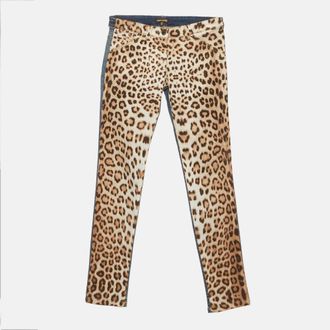 Roberto Cavalli Multicolor Leopard Print Chambray Skinny Fit Jeans