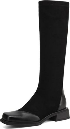 Generic Womens Square Toe Knee High Faux Suede Leather Panel Boots Low Heel Stylish Comfortable Slip Resistant Wear Resistant For Fashion Leisure Daily,Black,