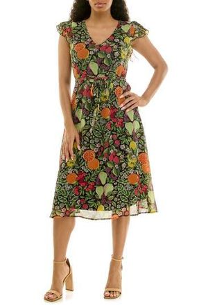Nina Leonard V-Neck Sleeveless Fit & Flare Dress in Black/Green Multi at Nordstrom Rack, Size X-Large