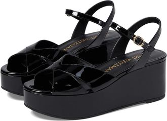 Stuart Weitzman Carmen MIDI Sandals Women Black Ankle Strap Wedge GAL1856