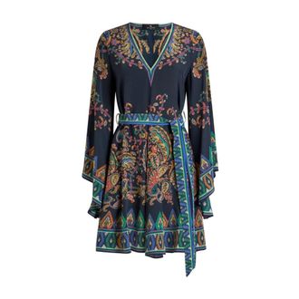 Etro Etro, Short Dresses, female, Blue, Size: 2XS Silk Mini Dress with Placed Floral Paisley Print and Belt