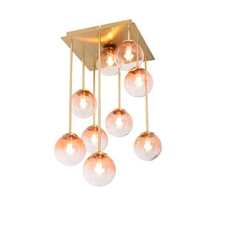 QAZQA Qazqa - Art D&eacute;co Plaf&oacute;n Art Deco Dorado Con Cristal Rosa 9-luces - Athens Acero /vidrio Cuadrada Adecuado Para Led Max. 9 X 28 Watt