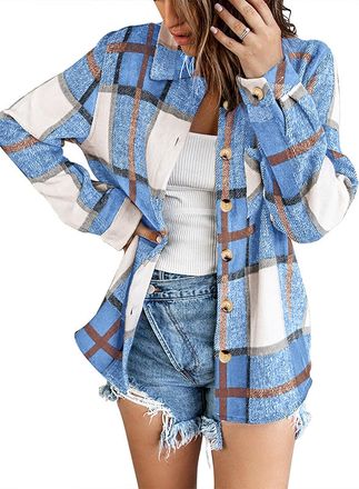 Zeagoo Ladies Checked Shirts Oversized Shirt Long Sleeve Blouse Flannel Shirt for Women Collar Button-Down Top with Chest Pocket Basic Shacket Blue M