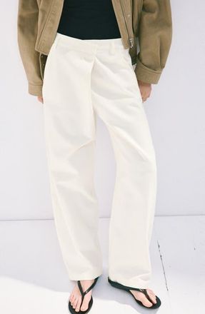 Mango Asymmetrical Waistband Cotton Wide Leg Pants in White at Nordstrom, Size 10