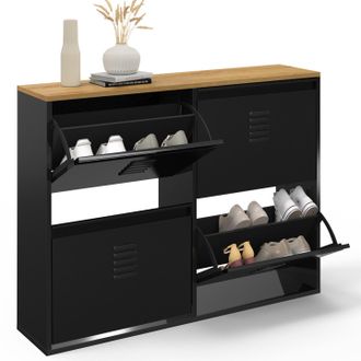 IDMarket Idmarket - Ester Zapatero De Metal Negro De 4 Puertas Para 20 Pares Con Tapa De Madera De Dise&ntilde;o Industrial