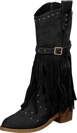 Generic Wide Calf Boots for Women Size 11w Womens Spring And Autumn Large Size Tassel Chunky Heel Fashion Motorcycle Western Cowboy Belt Buckle Mid Calf Boots