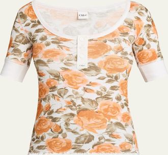 Chlo&eacute; Floral Rib Short-Sleeve Henley Top
