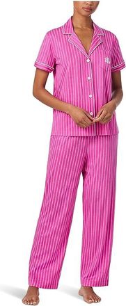 Lauren Ralph Lauren Short Sleeve Notch Collar Ankle Pant Knit PJ Set Womens Pajama Sets Pink Stripe : LG (US 12-14), Cotton/Viscose