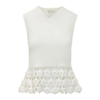 Ganni Sleeveless Tops, female, White, Size: L Vest in Cotton Crochet