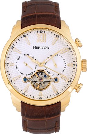 Heritor Mens Arthur Semi-Skeleton Leather-Band Watch w/ Day/Date - Gold Stainless Steel - One Size