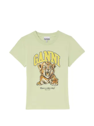 Ganni Light Green Graphic Cotton T-shirt