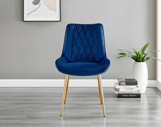 Furniturebox Novara 100cm Round Tempered Glass Dining Table with Gold Legs & 4 Pesaro Velvet Chairs in Navy