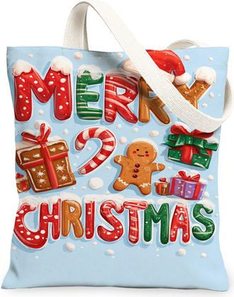 Generic Christmas Gifts Canvas Tote Bags, Holiday Joyful Design Reusable Grocery Bags, Winter Fun Lightweight Washable Shoulder Strap Canvas for Travel Beach 
